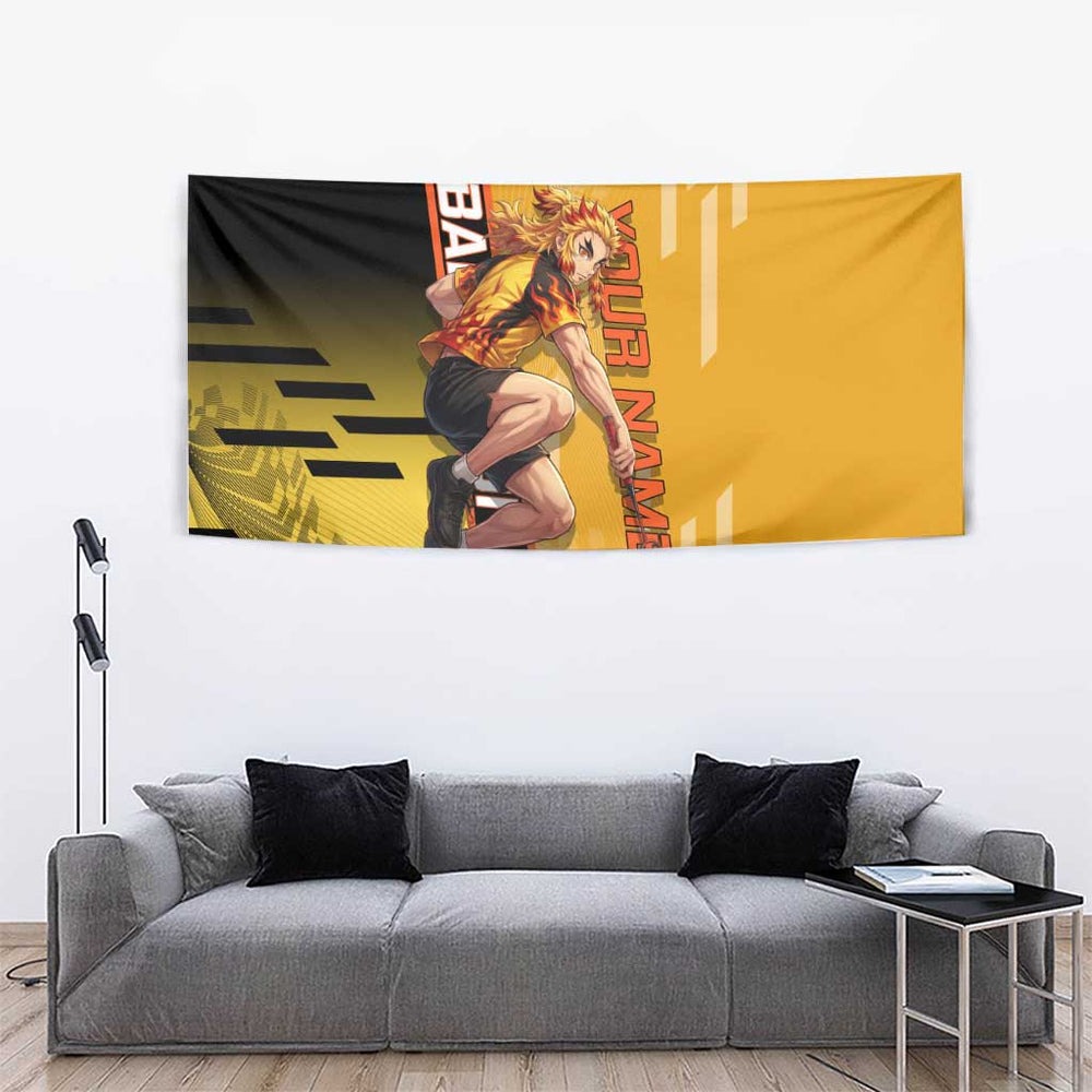 Personalized Rengoku Anime Badminton Theme Tumbler With Handle with Racket Action Pose and Fiery Yellow Black Graphic Design TS04 Personalized Rengoku Anime Badminton Theme Tumbler With Handle with Racket Action Pose and Fiery Yellow Black Graphic Design TS04