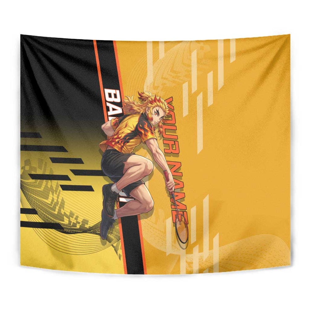 Personalized Rengoku Anime Badminton Theme Tumbler With Handle with Racket Action Pose and Fiery Yellow Black Graphic Design TS04 Personalized Rengoku Anime Badminton Theme Tumbler With Handle with Racket Action Pose and Fiery Yellow Black Graphic Design TS04