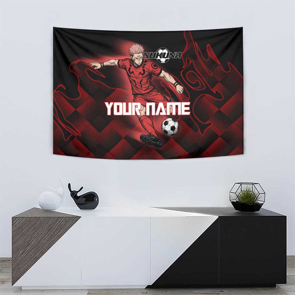 Personalized Sukuna Jujutsu Kaisen Soccer Theme Tumbler With Handle with Powerful Kick Pose and Red Black Plaid Graphic Design TS04 Personalized Sukuna Jujutsu Kaisen Soccer Theme Tumbler With Handle with Powerful Kick Pose and Red Black Plaid Graphic Design TS04