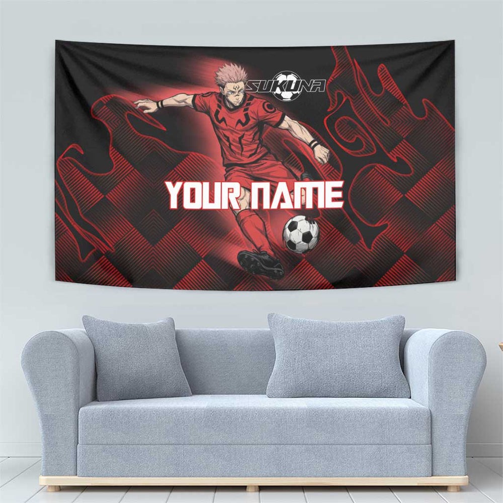Personalized Sukuna Jujutsu Kaisen Soccer Theme Tumbler With Handle with Powerful Kick Pose and Red Black Plaid Graphic Design TS04 Personalized Sukuna Jujutsu Kaisen Soccer Theme Tumbler With Handle with Powerful Kick Pose and Red Black Plaid Graphic Design TS04