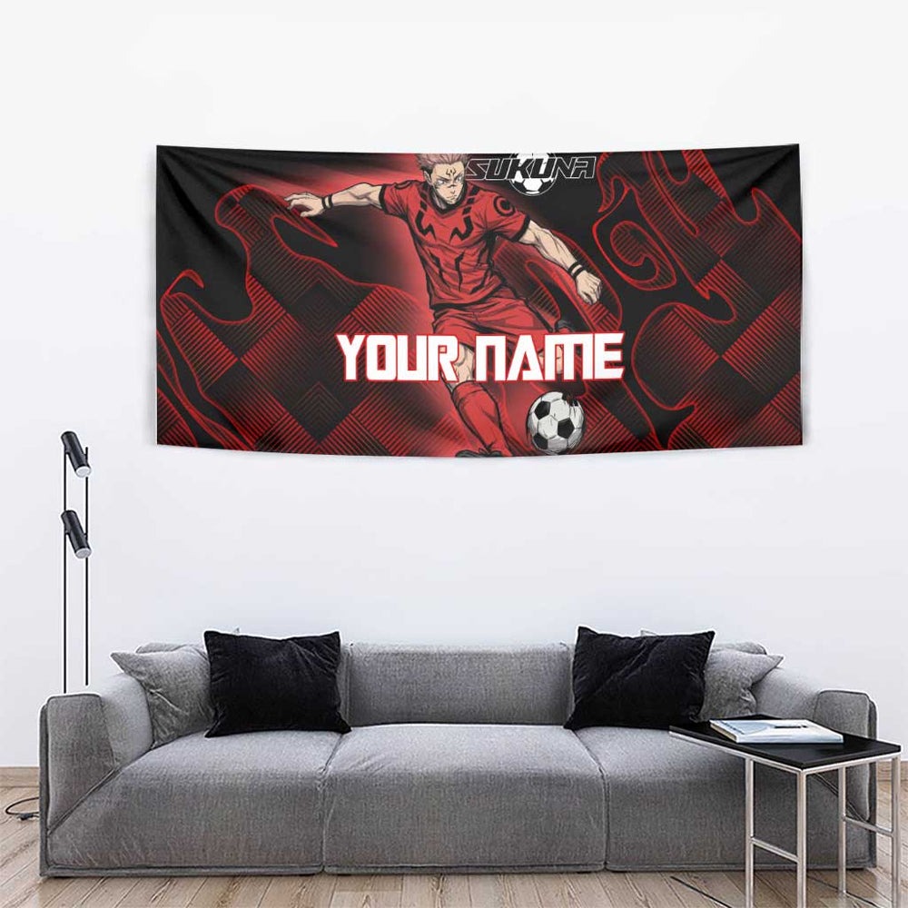 Personalized Sukuna Jujutsu Kaisen Soccer Theme Tumbler With Handle with Powerful Kick Pose and Red Black Plaid Graphic Design TS04 Personalized Sukuna Jujutsu Kaisen Soccer Theme Tumbler With Handle with Powerful Kick Pose and Red Black Plaid Graphic Design TS04