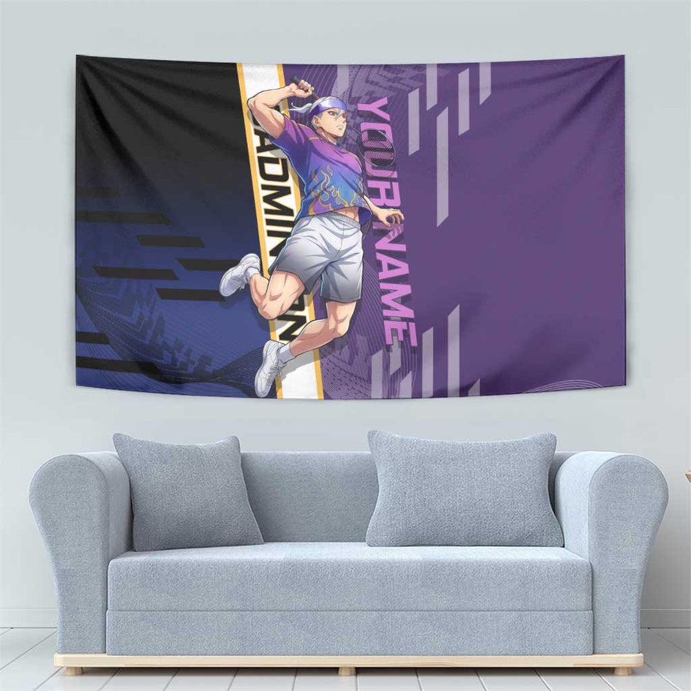 Personalized Tengen Uzui Demon Slayer Badminton Tumbler With Handle with Racket Action Pose and Purple Black Graphic Design TS04 Personalized Tengen Uzui Demon Slayer Badminton Tumbler With Handle with Racket Action Pose and Purple Black Graphic Design TS04