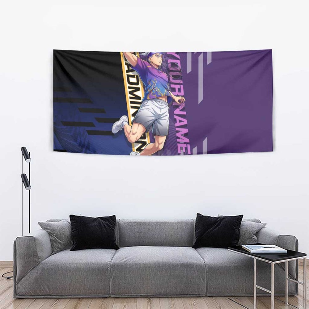 Personalized Tengen Uzui Demon Slayer Badminton Tumbler With Handle with Racket Action Pose and Purple Black Graphic Design TS04 Personalized Tengen Uzui Demon Slayer Badminton Tumbler With Handle with Racket Action Pose and Purple Black Graphic Design TS04