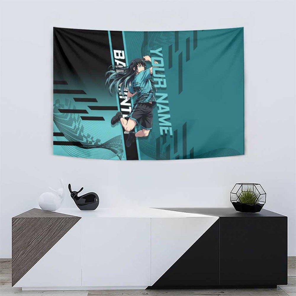 Personalized Tokito Muichiro Demon Slayer Badminton Tumbler With Handle with Racket Action Pose and Teal Black Graphic Design TS04 Personalized Tokito Muichiro Demon Slayer Badminton Tumbler With Handle with Racket Action Pose and Teal Black Graphic Design TS04
