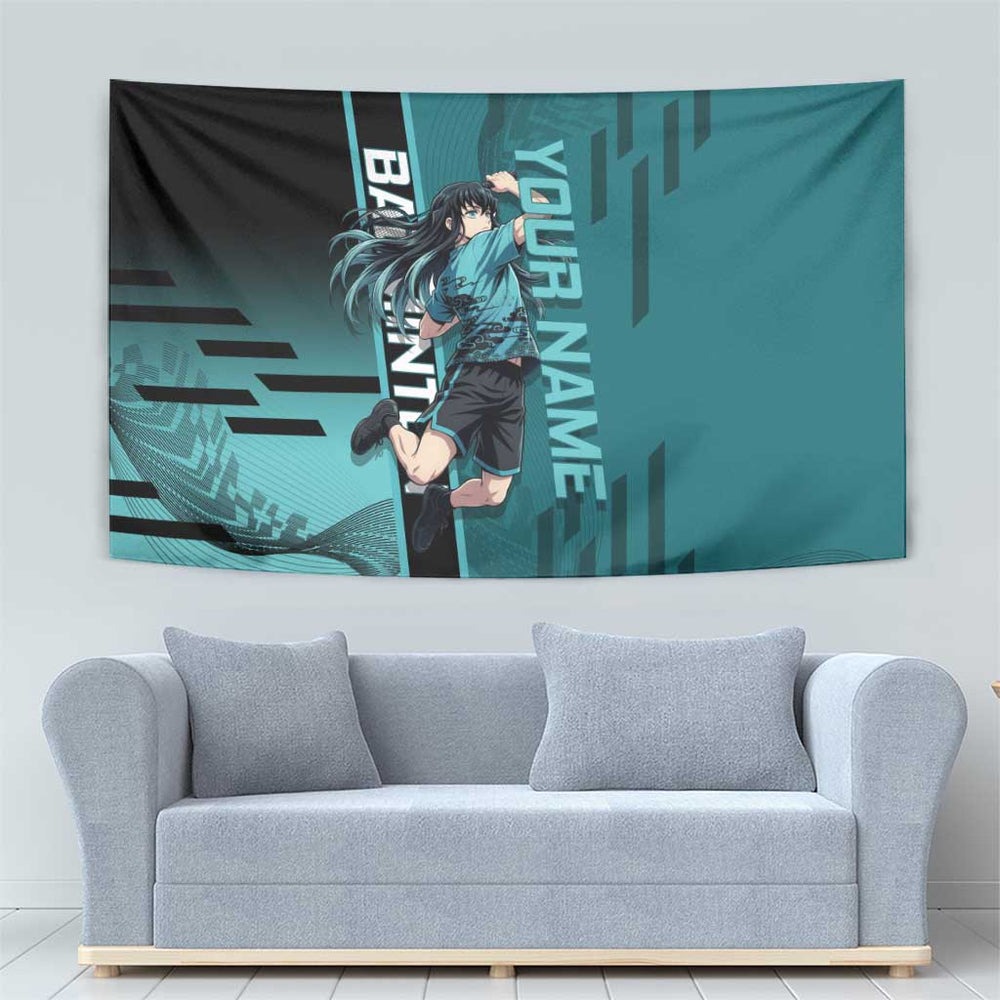 Personalized Tokito Muichiro Demon Slayer Badminton Tumbler With Handle with Racket Action Pose and Teal Black Graphic Design TS04 Personalized Tokito Muichiro Demon Slayer Badminton Tumbler With Handle with Racket Action Pose and Teal Black Graphic Design TS04