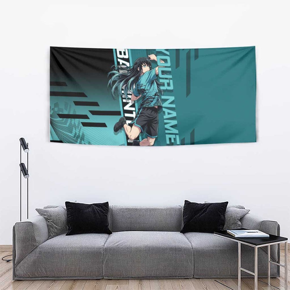 Personalized Tokito Muichiro Demon Slayer Badminton Tumbler With Handle with Racket Action Pose and Teal Black Graphic Design TS04 Personalized Tokito Muichiro Demon Slayer Badminton Tumbler With Handle with Racket Action Pose and Teal Black Graphic Design TS04