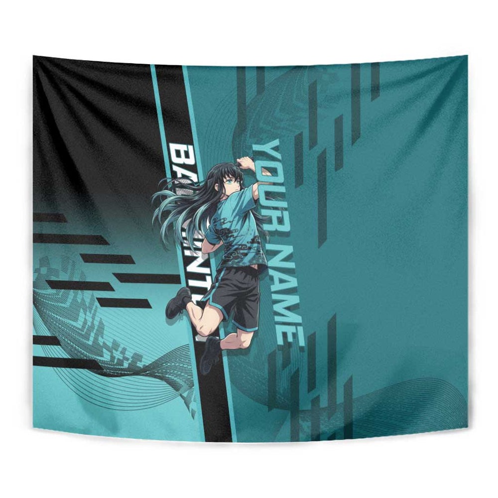 Personalized Tokito Muichiro Demon Slayer Badminton Tumbler With Handle with Racket Action Pose and Teal Black Graphic Design TS04 Personalized Tokito Muichiro Demon Slayer Badminton Tumbler With Handle with Racket Action Pose and Teal Black Graphic Design TS04