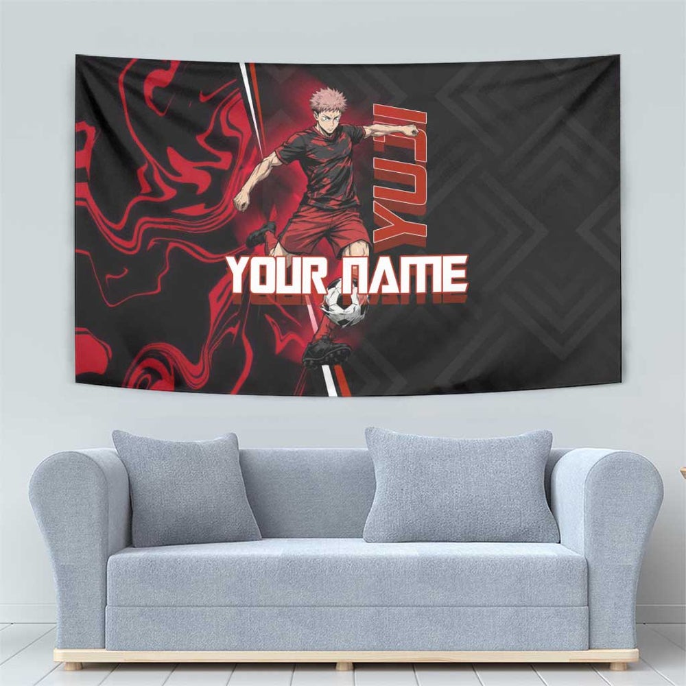 Personalized Yuji Itadori Jujutsu Kaisen Soccer Theme Tumbler With Handle with Dynamic Kick Pose and Red Black Flame Graphic Design TS04 Personalized Yuji Itadori Jujutsu Kaisen Soccer Theme Tumbler With Handle with Dynamic Kick Pose and Red Black Flame Graphic Design TS04