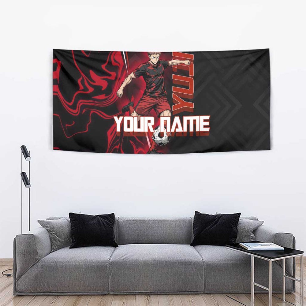 Personalized Yuji Itadori Jujutsu Kaisen Soccer Theme Tumbler With Handle with Dynamic Kick Pose and Red Black Flame Graphic Design TS04 Personalized Yuji Itadori Jujutsu Kaisen Soccer Theme Tumbler With Handle with Dynamic Kick Pose and Red Black Flame Graphic Design TS04