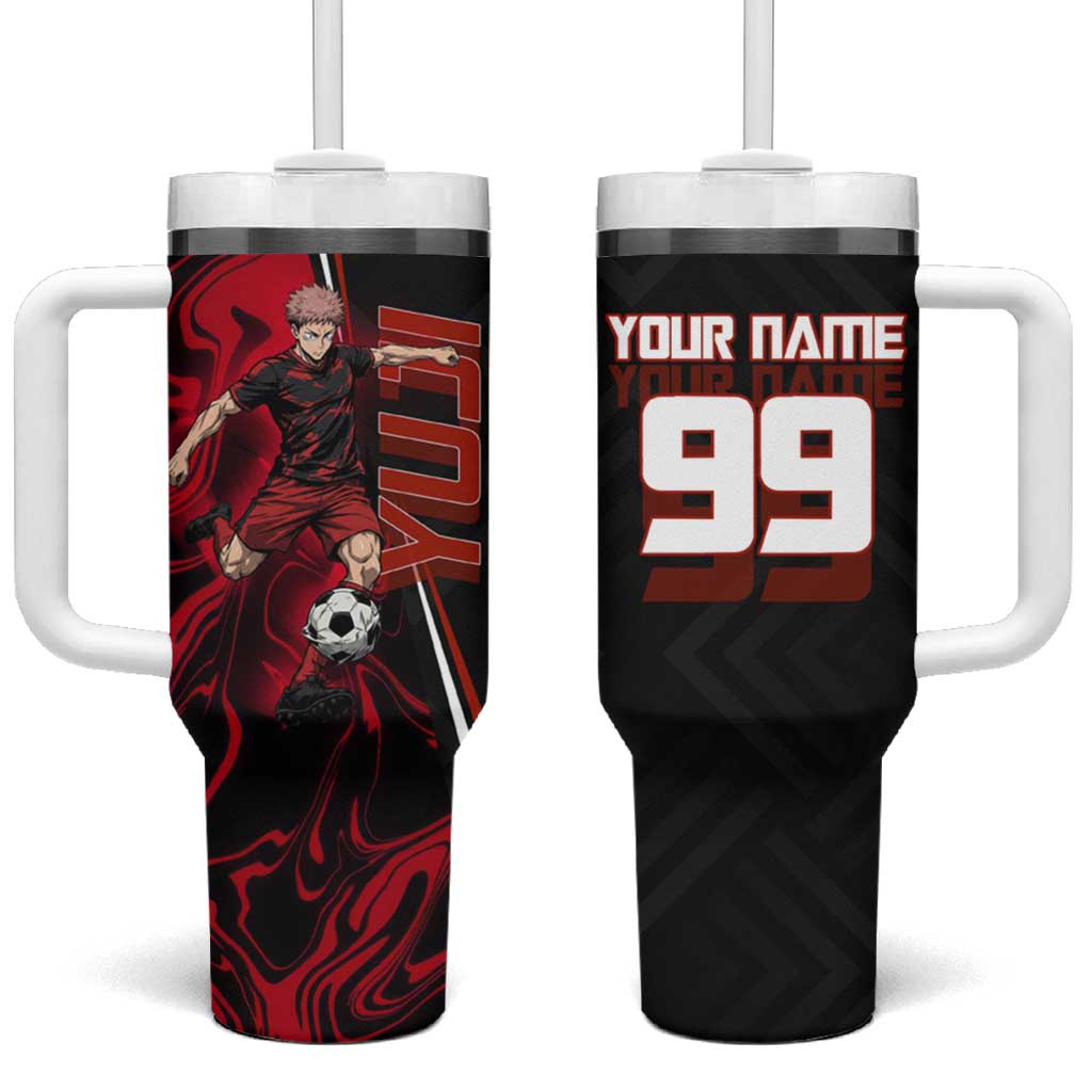 Personalized Yuji Itadori Jujutsu Kaisen Soccer Theme Tumbler With Handle with Dynamic Kick Pose and Red Black Flame Graphic Design TS04