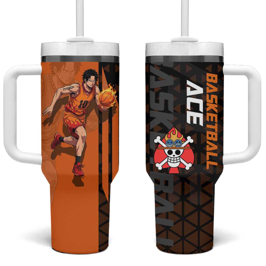 Portgas D Ace One Piece Basketball Theme Orange and Black Design Tumbler With Handle with Flame Ball and Whitebeard Pirates Emblem TS04