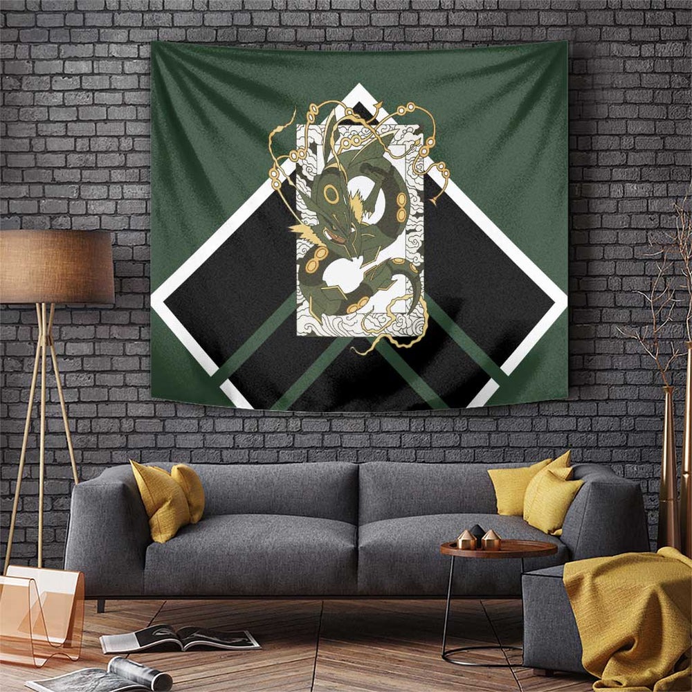 Rayquaza Tapestry with Legendary Dragon Design and Green Black Pokémon Theme TS04 Rayquaza Tapestry with Legendary Dragon Design and Green Black Pokémon Theme TS04