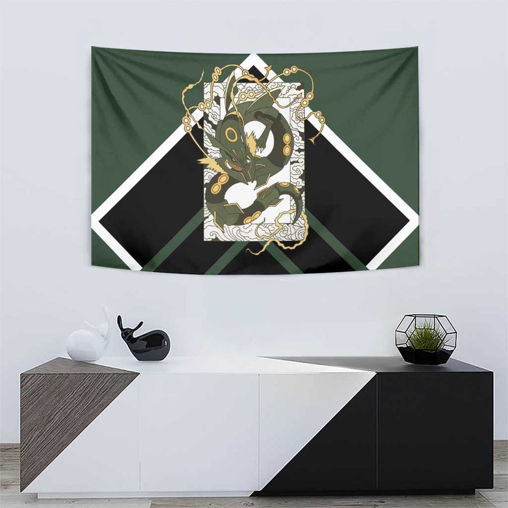 Rayquaza Tapestry with Legendary Dragon Design and Green Black Pokémon Theme TS04 Rayquaza Tapestry with Legendary Dragon Design and Green Black Pokémon Theme TS04