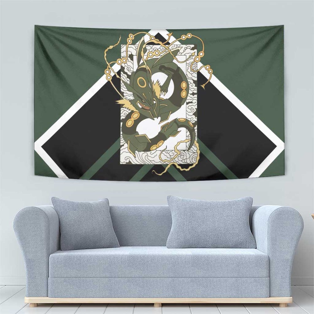 Rayquaza Tapestry with Legendary Dragon Design and Green Black Pokémon Theme TS04 Rayquaza Tapestry with Legendary Dragon Design and Green Black Pokémon Theme TS04