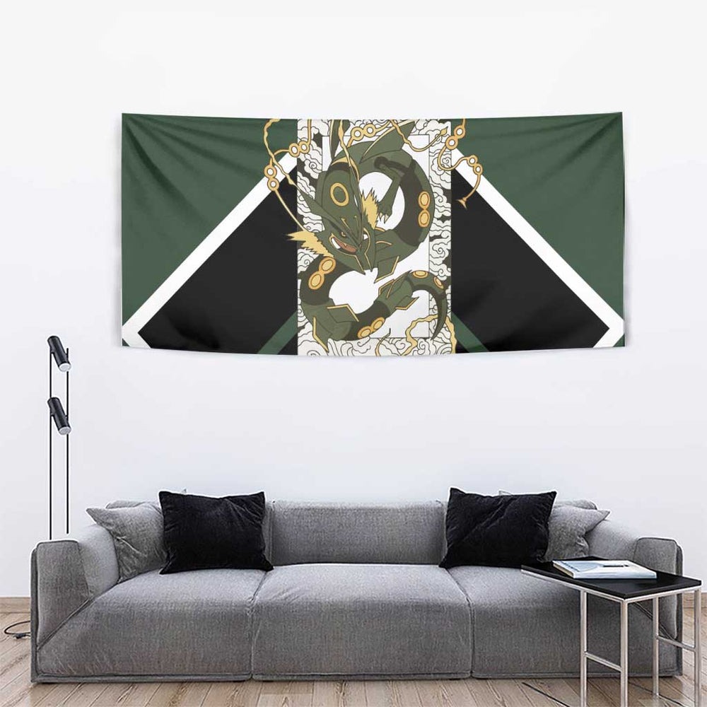 Rayquaza Tapestry with Legendary Dragon Design and Green Black Pokémon Theme TS04 Rayquaza Tapestry with Legendary Dragon Design and Green Black Pokémon Theme TS04