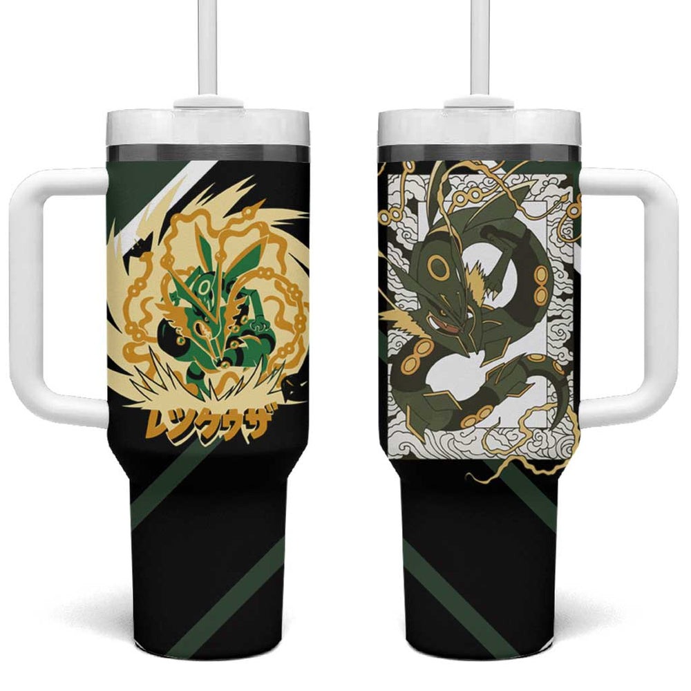 Rayquaza Tumbler With Handle with Legendary Dragon Design and Green Black Pokémon Theme TS04 Rayquaza Tumbler With Handle with Legendary Dragon Design and Green Black Pokémon Theme TS04