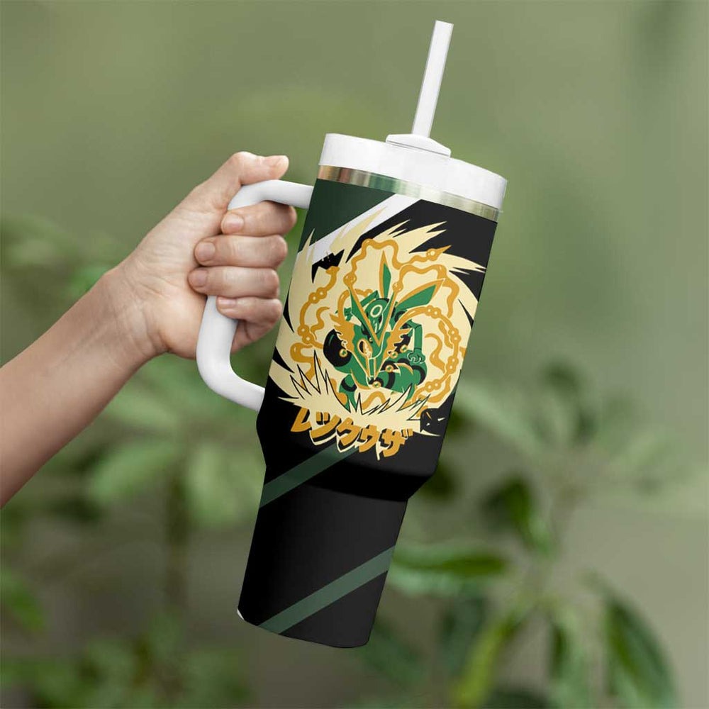 Rayquaza Tumbler With Handle with Legendary Dragon Design and Green Black Pokémon Theme TS04 Rayquaza Tumbler With Handle with Legendary Dragon Design and Green Black Pokémon Theme TS04
