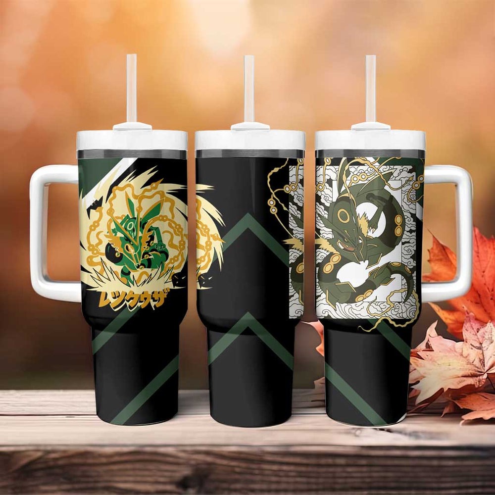 Rayquaza Tumbler With Handle with Legendary Dragon Design and Green Black Pokémon Theme TS04 Rayquaza Tumbler With Handle with Legendary Dragon Design and Green Black Pokémon Theme TS04
