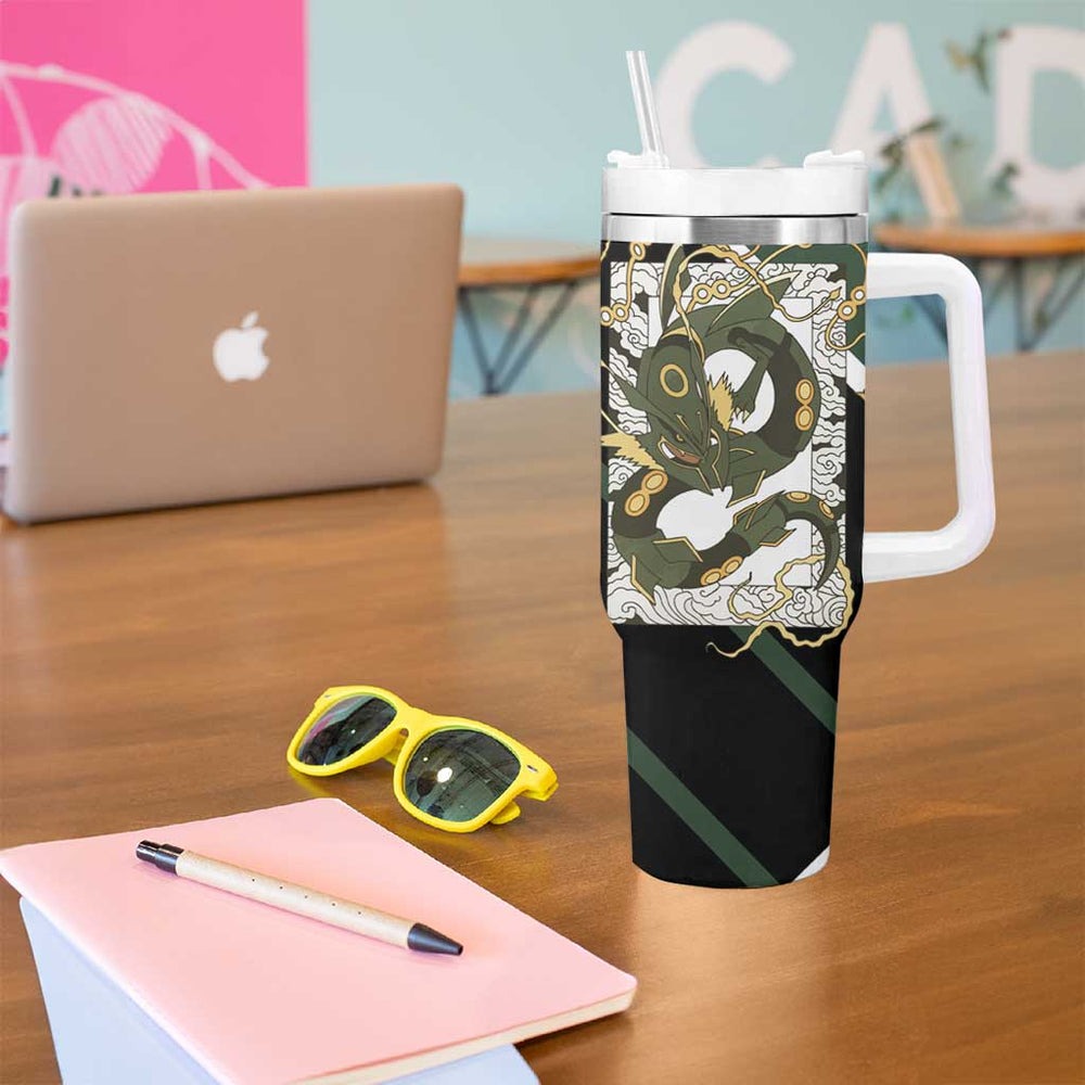 Rayquaza Tumbler With Handle with Legendary Dragon Design and Green Black Pokémon Theme TS04 Rayquaza Tumbler With Handle with Legendary Dragon Design and Green Black Pokémon Theme TS04