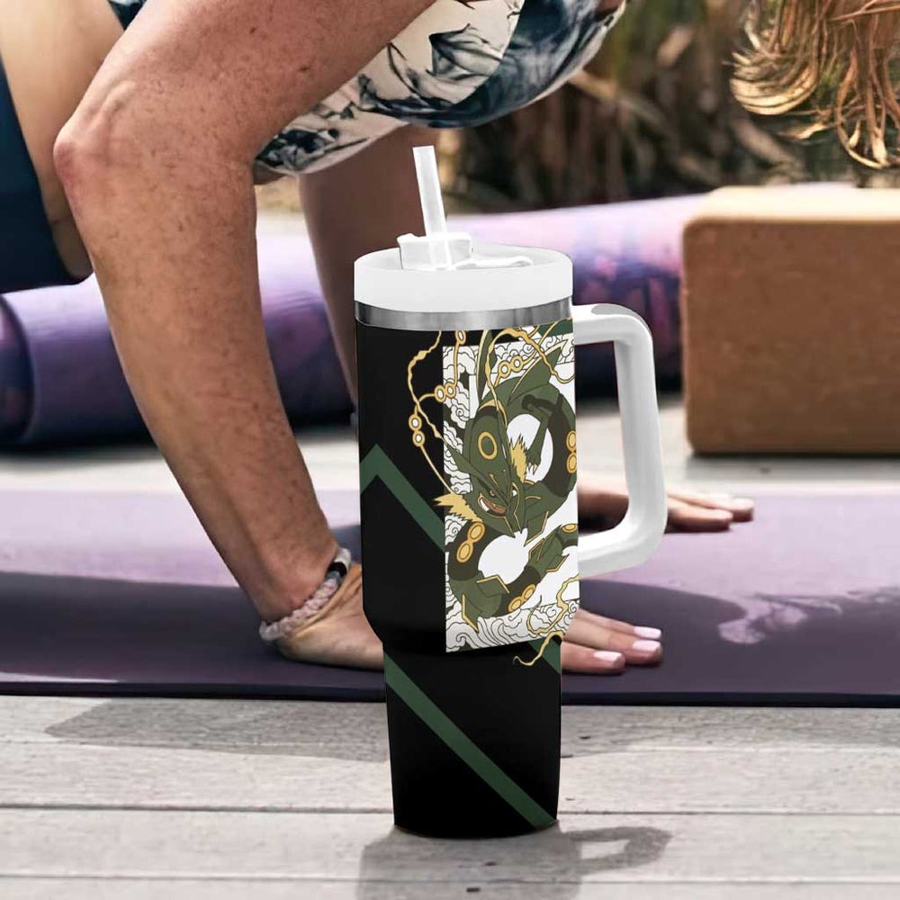 Rayquaza Tumbler With Handle with Legendary Dragon Design and Green Black Pokémon Theme TS04 Rayquaza Tumbler With Handle with Legendary Dragon Design and Green Black Pokémon Theme TS04