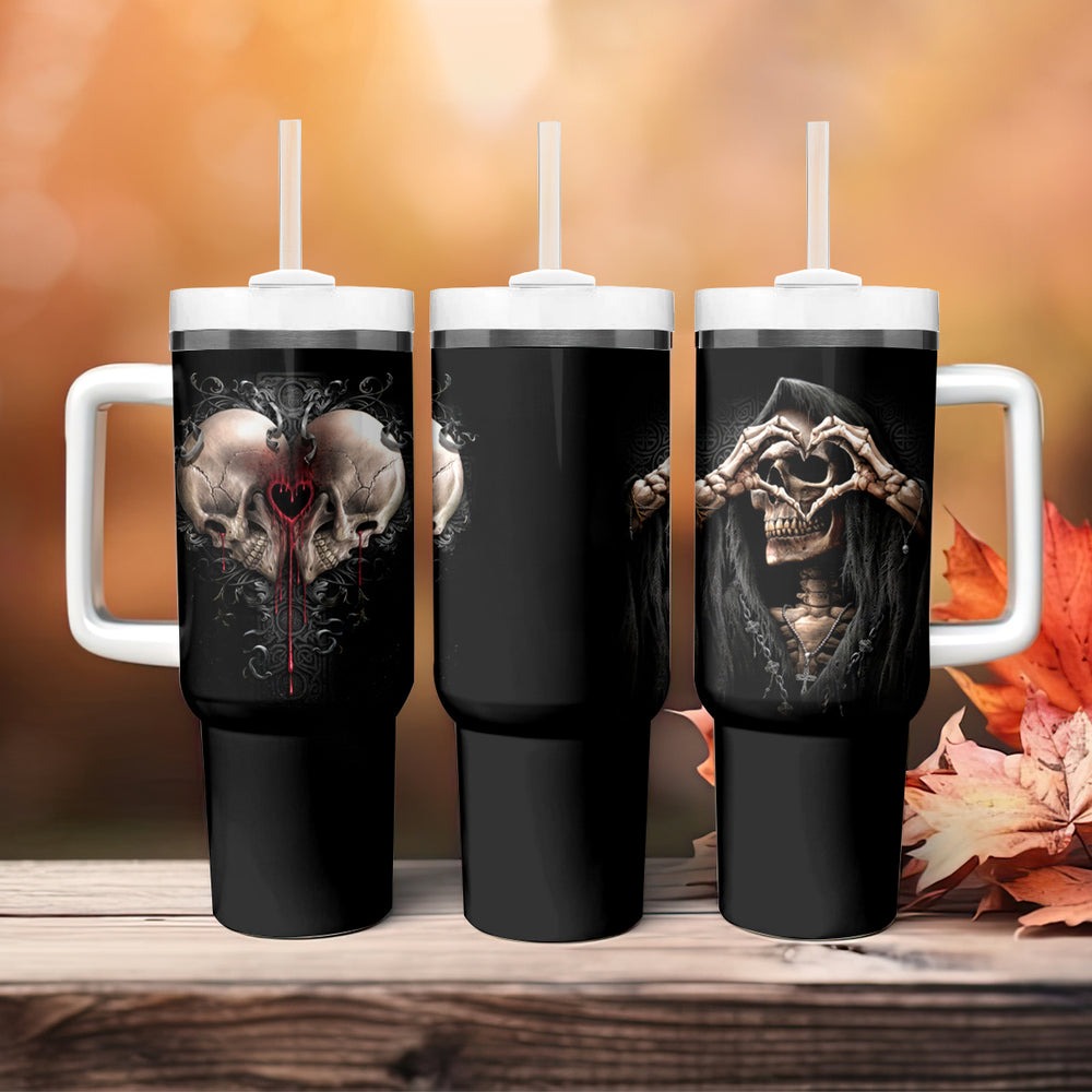 Reaper Heart Tumbler With Handle Eternal Embrace - Uniting Souls in the Realm of Skulls DT01 Reaper Heart Tumbler With Handle Eternal Embrace - Uniting Souls in the Realm of Skulls DT01