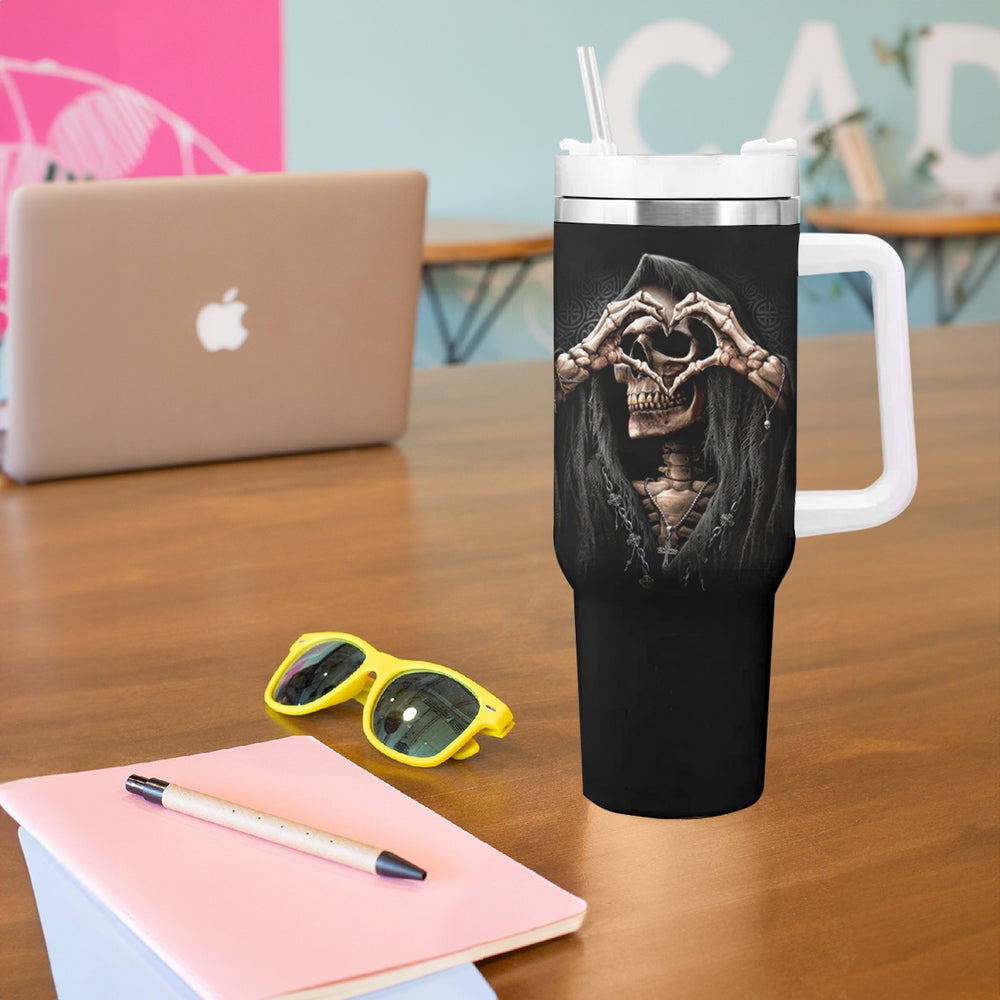 Reaper Heart Tumbler With Handle Eternal Embrace - Uniting Souls in the Realm of Skulls DT01 Reaper Heart Tumbler With Handle Eternal Embrace - Uniting Souls in the Realm of Skulls DT01