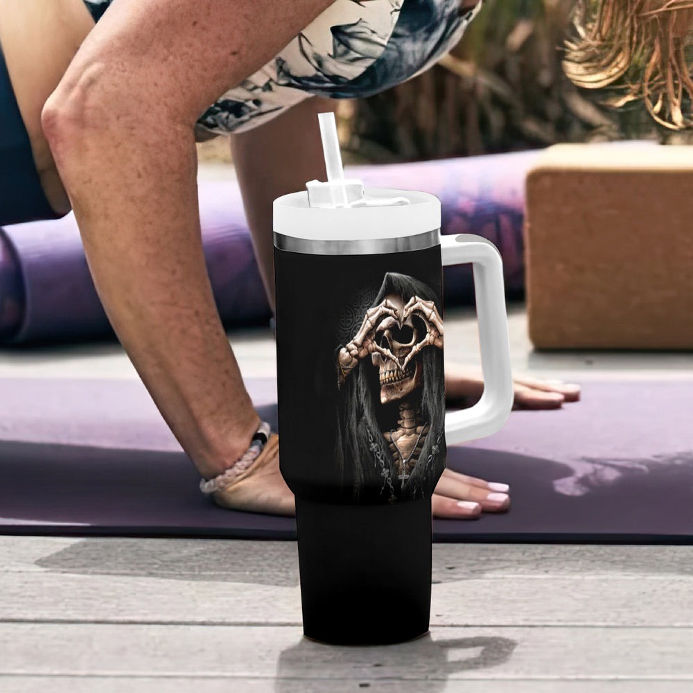 Reaper Heart Tumbler With Handle Eternal Embrace - Uniting Souls in the Realm of Skulls DT01 Reaper Heart Tumbler With Handle Eternal Embrace - Uniting Souls in the Realm of Skulls DT01
