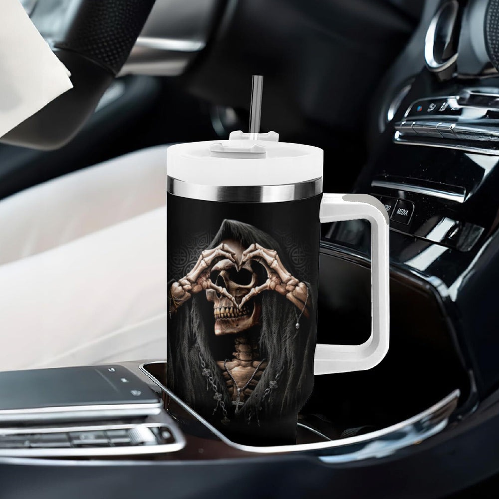 Reaper Heart Tumbler With Handle Eternal Embrace - Uniting Souls in the Realm of Skulls DT01 Reaper Heart Tumbler With Handle Eternal Embrace - Uniting Souls in the Realm of Skulls DT01