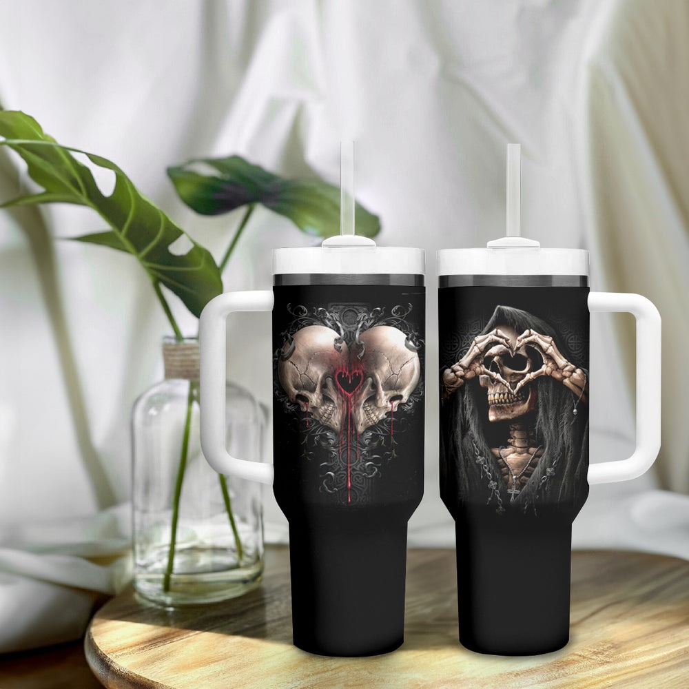 Reaper Heart Tumbler With Handle Eternal Embrace - Uniting Souls in the Realm of Skulls DT01 Reaper Heart Tumbler With Handle Eternal Embrace - Uniting Souls in the Realm of Skulls DT01