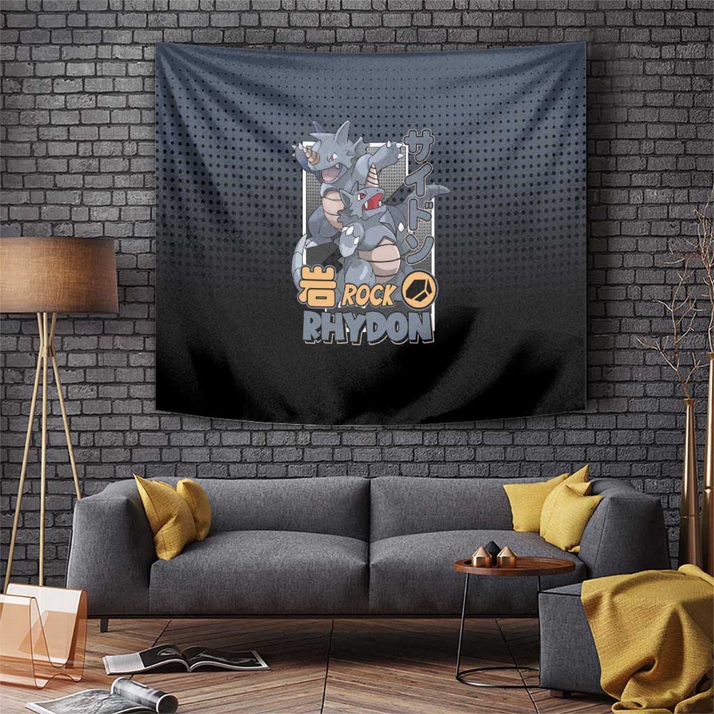 Rhydon Poké Tapestry with Rock Type Icon Design and Battle Ready Pose Print TS04