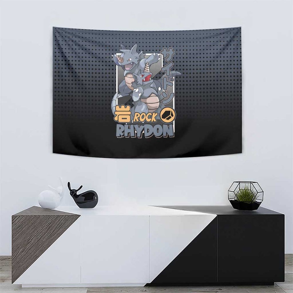 Rhydon Poké Tapestry with Rock Type Icon Design and Battle Ready Pose Print TS04