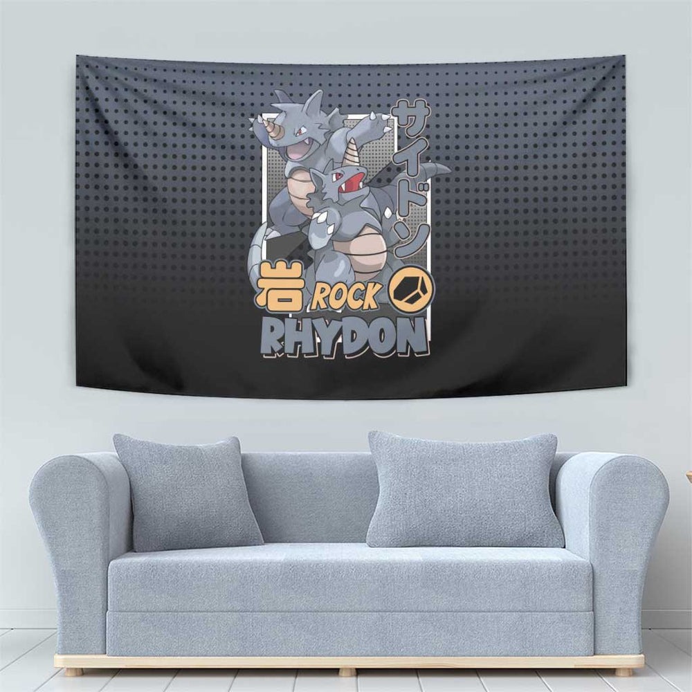 Rhydon Poké Tapestry with Rock Type Icon Design and Battle Ready Pose Print TS04