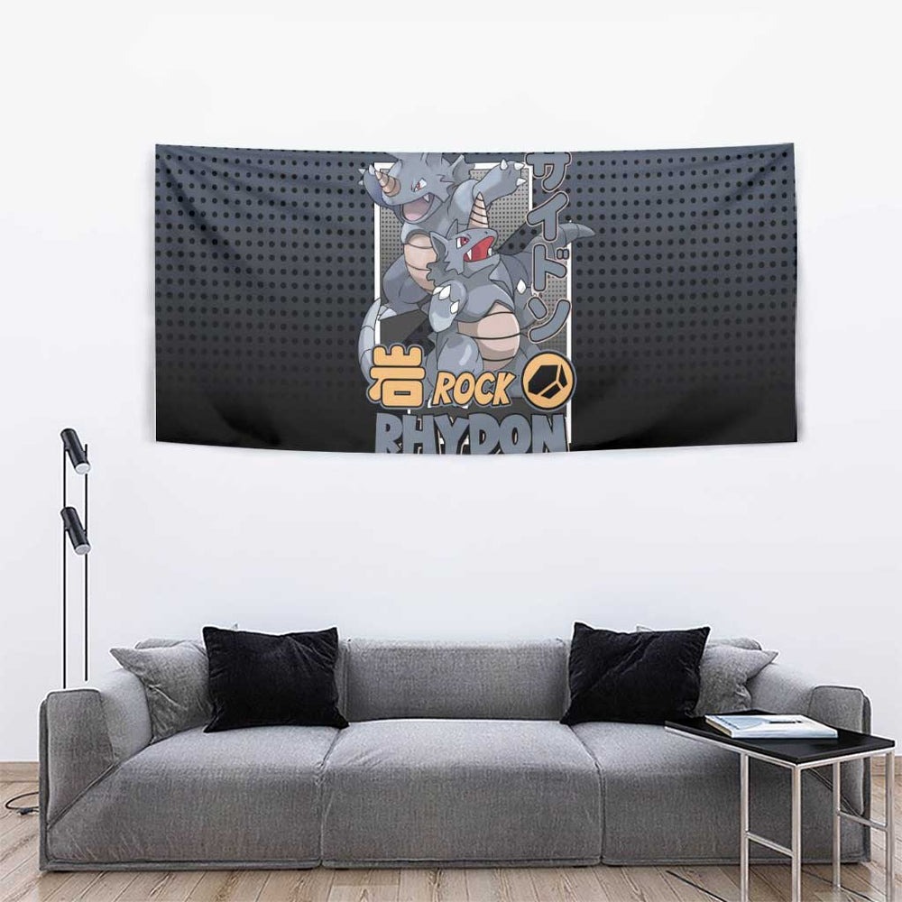 Rhydon Poké Tapestry with Rock Type Icon Design and Battle Ready Pose Print TS04