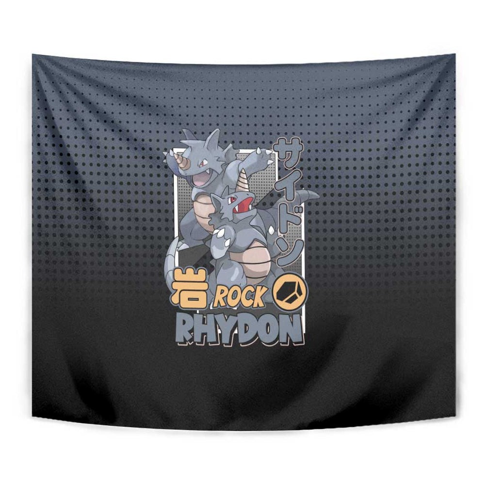 Rhydon Poké Tapestry with Rock Type Icon Design and Battle Ready Pose Print TS04