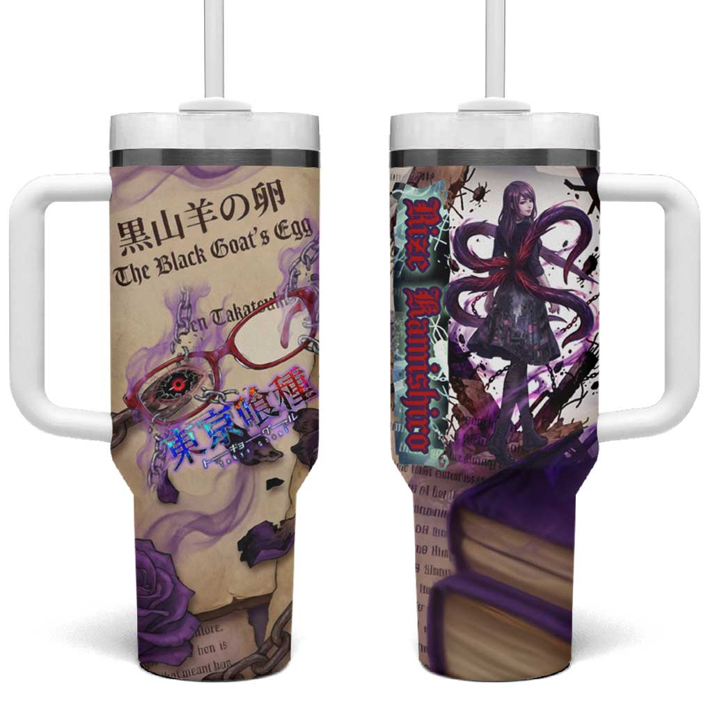 Rize Kamishiro Tokyo Ghoul Tumbler With Handle Gothic Collage Style with Newspaper and Purple Rose Motif TS04