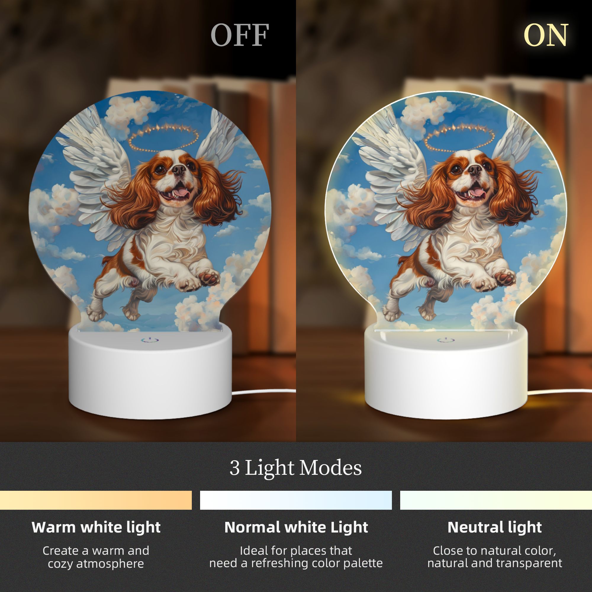 Round Shaped Acrylic Panel Angel Cavalier King Charles Spaniel Night Light – Pet Memorial Decor, LED Light Sign for Spaniel In Heaven Round Shaped Acrylic Panel Angel Cavalier King Charles Spaniel Night Light – Pet Memorial Decor, LED Light Sign for Spaniel In Heaven