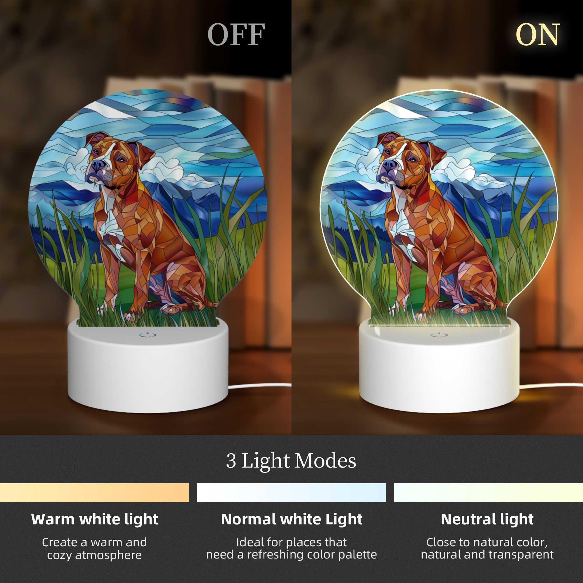 Round Shaped Acrylic Panel Stained Glass American Staffordshire Terrier Night Light – LED Light Decor Sign for Staffordshire Terrier Owners Round Shaped Acrylic Panel Stained Glass American Staffordshire Terrier Night Light – LED Light Decor Sign for Staffordshire Terrier Owners