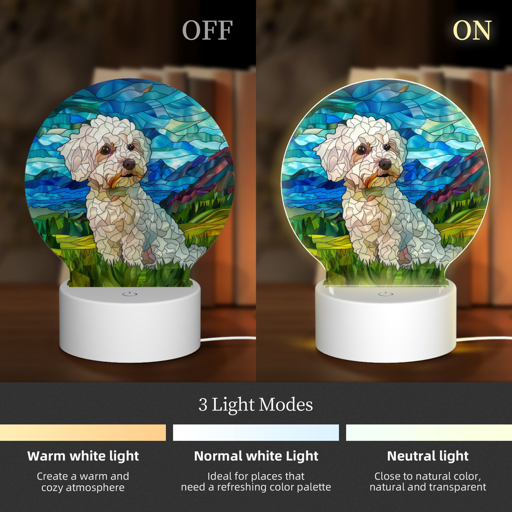 Round Shaped Acrylic Panel Stained Glass Bichon Frise Night Light – LED Light Decor Sign for Bichon Frise Owners Round Shaped Acrylic Panel Stained Glass Bichon Frise Night Light – LED Light Decor Sign for Bichon Frise Owners