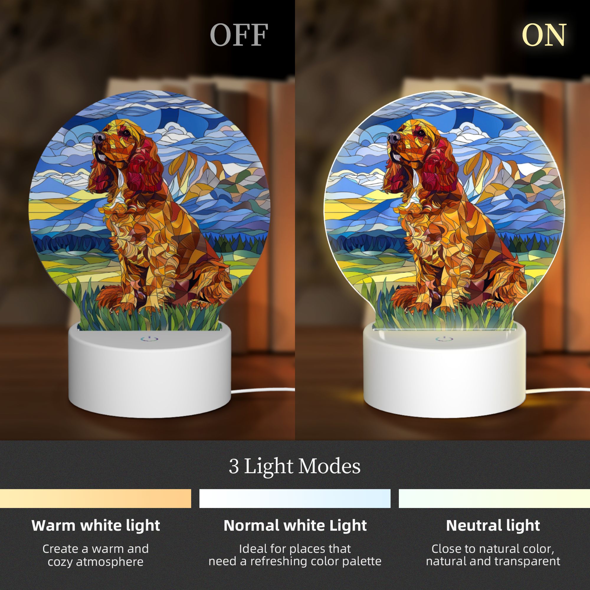 Round Shaped Acrylic Panel Stained Glass Cocker Spaniel Night Light – LED Light Decor Sign for Cocker Spaniel Owners Round Shaped Acrylic Panel Stained Glass Cocker Spaniel Night Light – LED Light Decor Sign for Cocker Spaniel Owners