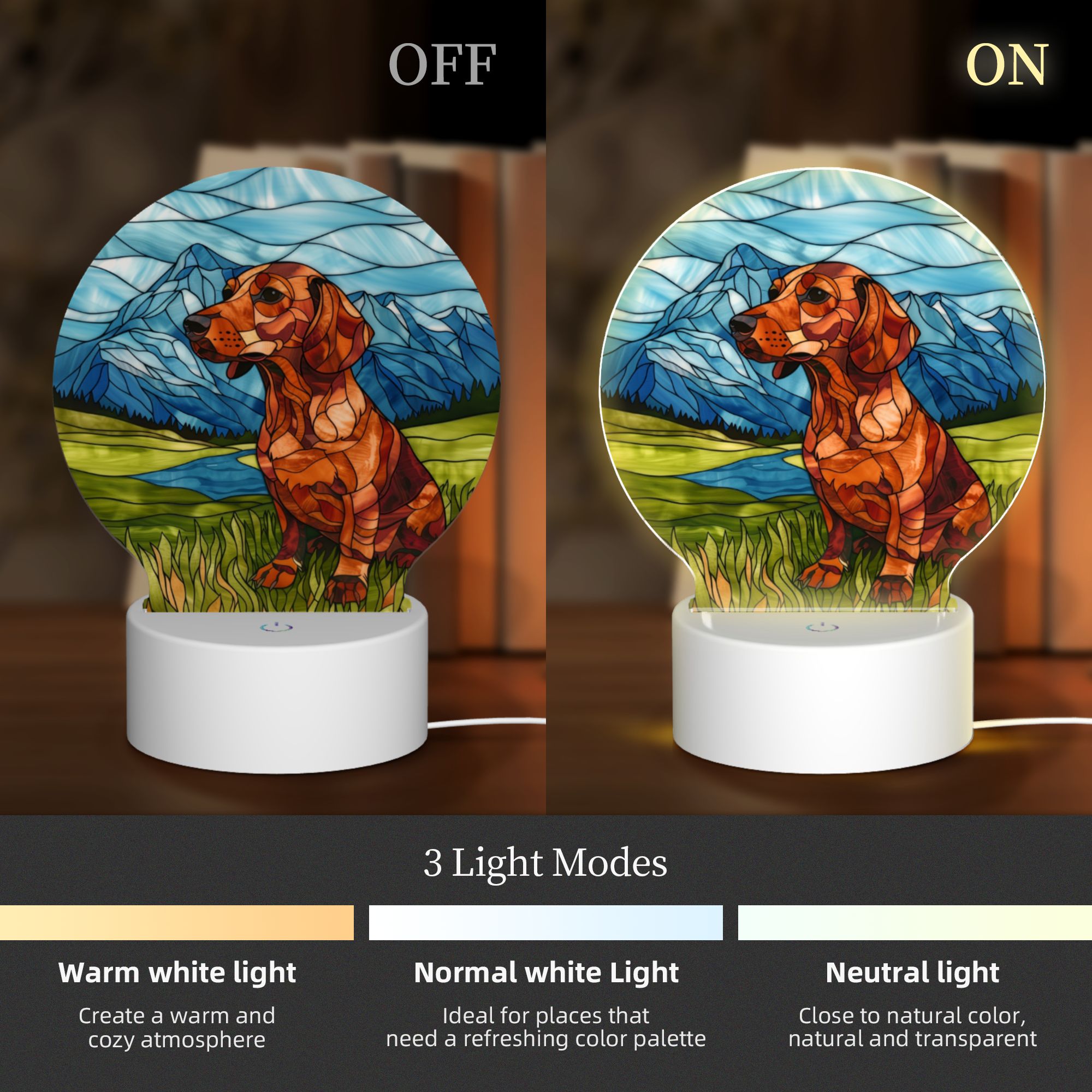 Round Shaped Acrylic Panel Stained Glass Dachshund Night Light – LED Light Decor Sign for Dachshund Owners Round Shaped Acrylic Panel Stained Glass Dachshund Night Light – LED Light Decor Sign for Dachshund Owners