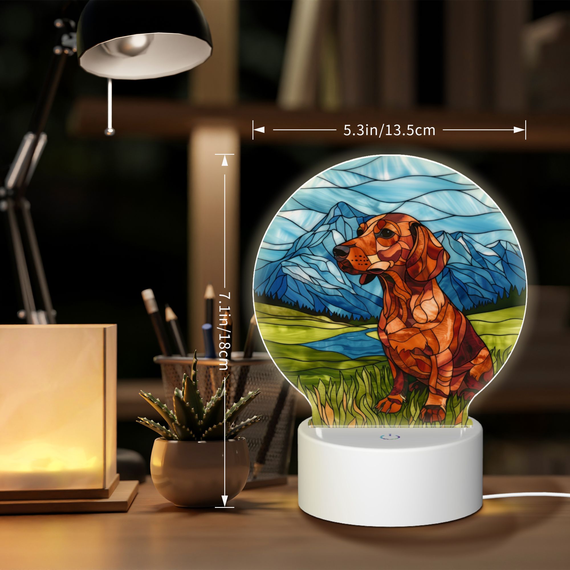 Round Shaped Acrylic Panel Stained Glass Dachshund Night Light – LED Light Decor Sign for Dachshund Owners Round Shaped Acrylic Panel Stained Glass Dachshund Night Light – LED Light Decor Sign for Dachshund Owners