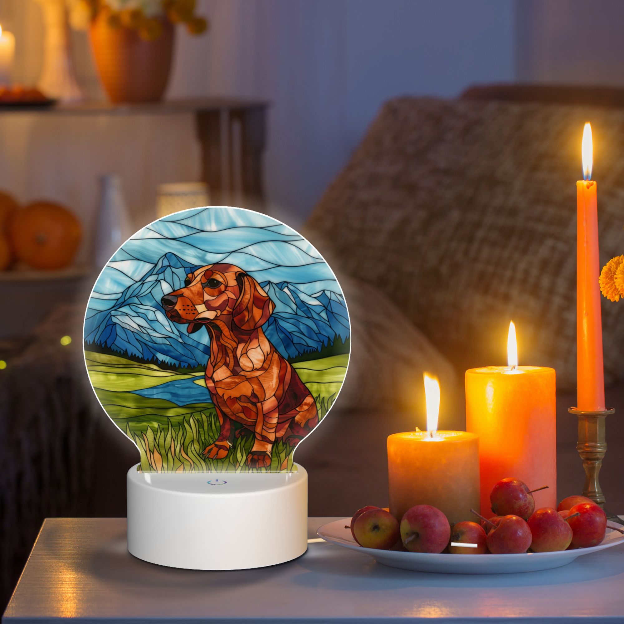 Round Shaped Acrylic Panel Stained Glass Dachshund Night Light – LED Light Decor Sign for Dachshund Owners Round Shaped Acrylic Panel Stained Glass Dachshund Night Light – LED Light Decor Sign for Dachshund Owners