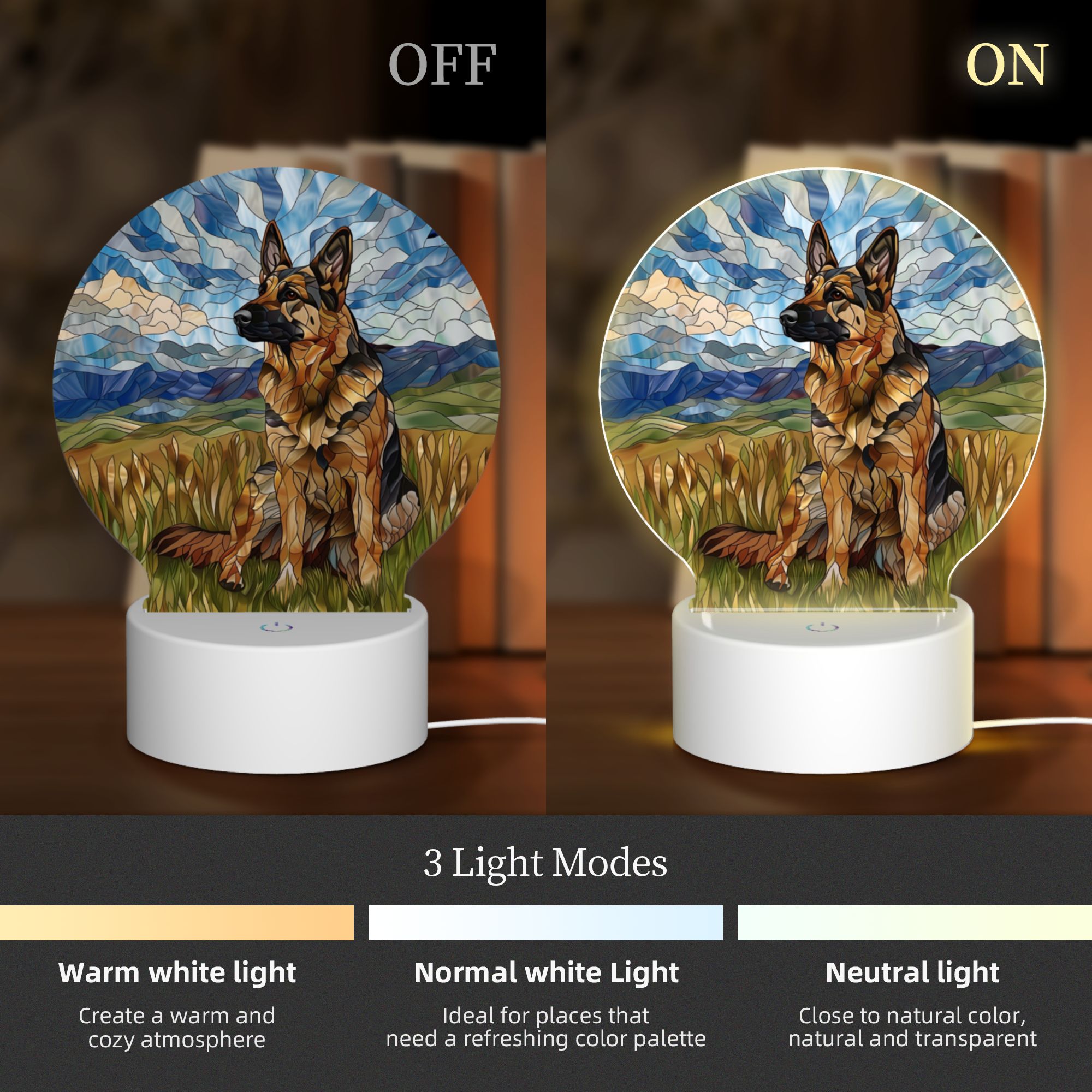 Round Shaped Acrylic Panel Stained Glass German Shepherd Night Light – LED Light Decor Sign for German Shepherd Owners Round Shaped Acrylic Panel Stained Glass German Shepherd Night Light – LED Light Decor Sign for German Shepherd Owners