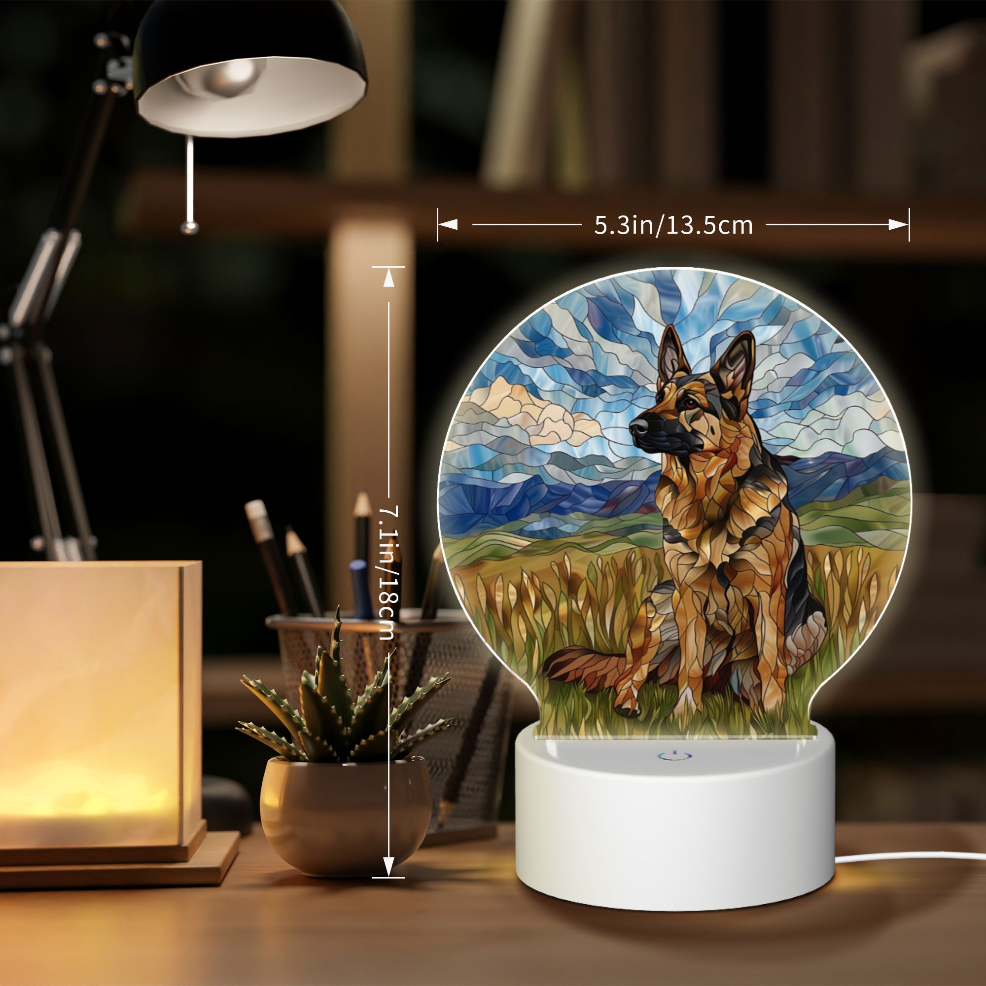 Round Shaped Acrylic Panel Stained Glass German Shepherd Night Light – LED Light Decor Sign for German Shepherd Owners Round Shaped Acrylic Panel Stained Glass German Shepherd Night Light – LED Light Decor Sign for German Shepherd Owners