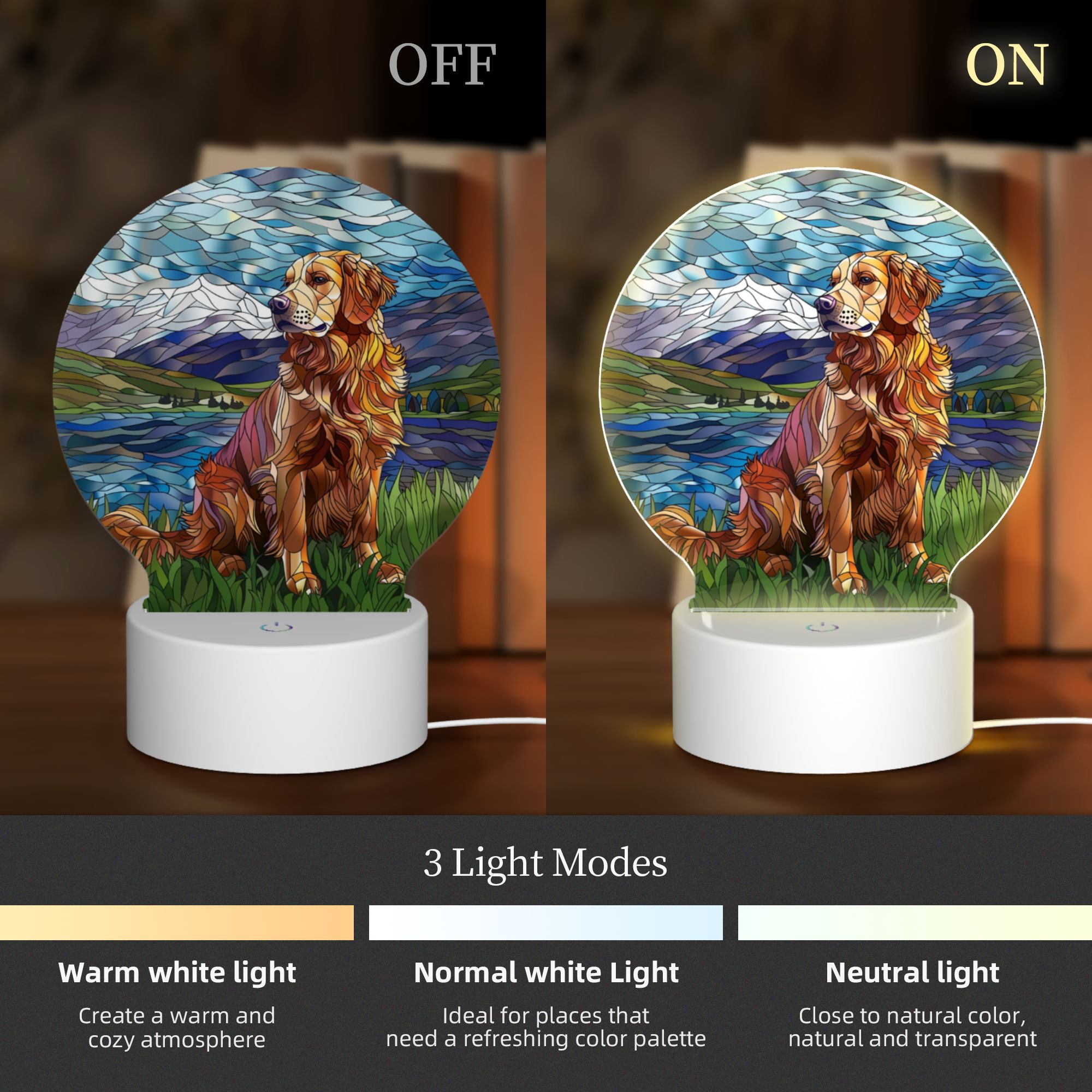 Round Shaped Acrylic Panel Stained Glass Golden Retriever Night Light – LED Light Decor Sign for Golden Retriever Owners Round Shaped Acrylic Panel Stained Glass Golden Retriever Night Light – LED Light Decor Sign for Golden Retriever Owners