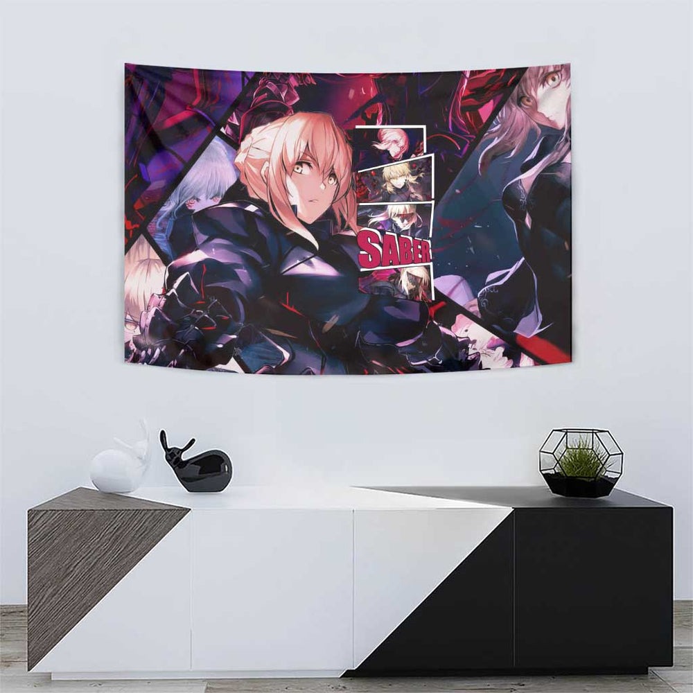 Saber Artoria Pendragon Dark Armor Theme Tumbler With Handle with Red and Purple Abstract Background Design TS04