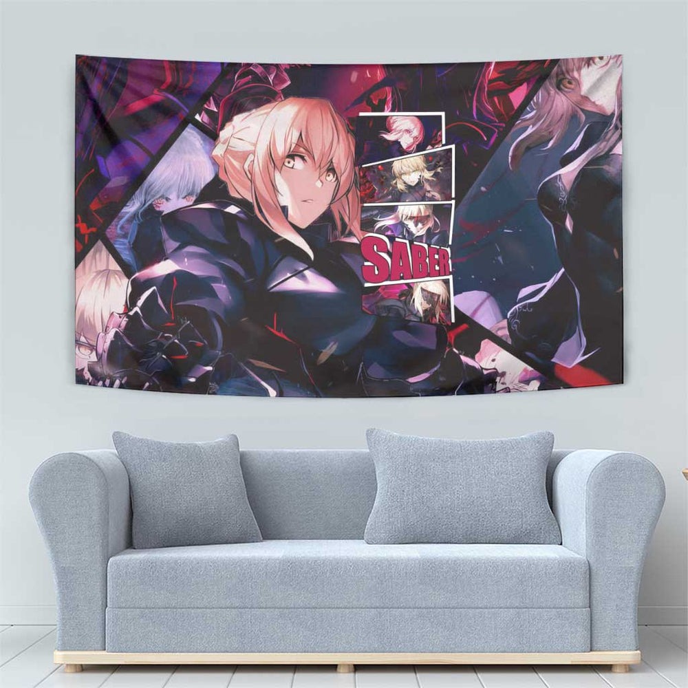 Saber Artoria Pendragon Dark Armor Theme Tumbler With Handle with Red and Purple Abstract Background Design TS04