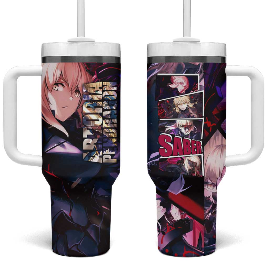 Saber Artoria Pendragon Dark Armor Theme Tumbler With Handle with Red and Purple Abstract Background Design TS04