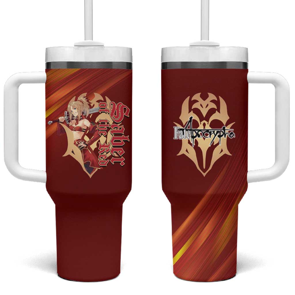 Saber of Red Fate Apocrypha Theme Tumbler With Handle with Sword Pose and Fiery Red Gradient Graphic Design TS04