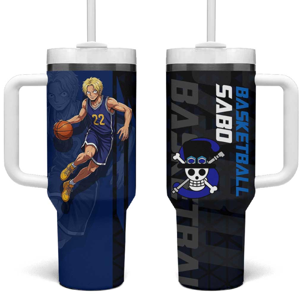 Sabo One Piece Basketball Theme Blue and Black Design Tumbler With Handle with Top Hat Emblem and Action Dribble Pose TS04